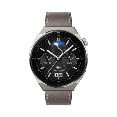 WATCH | GT 3 Pro | Smart watch | GPS (satellite) | AMOLED | Touchscreen | Activity monitoring 24/7 | Waterproof | Bluetooth | Titanium Case with Gray Leather Strap, Odin-B19V 1